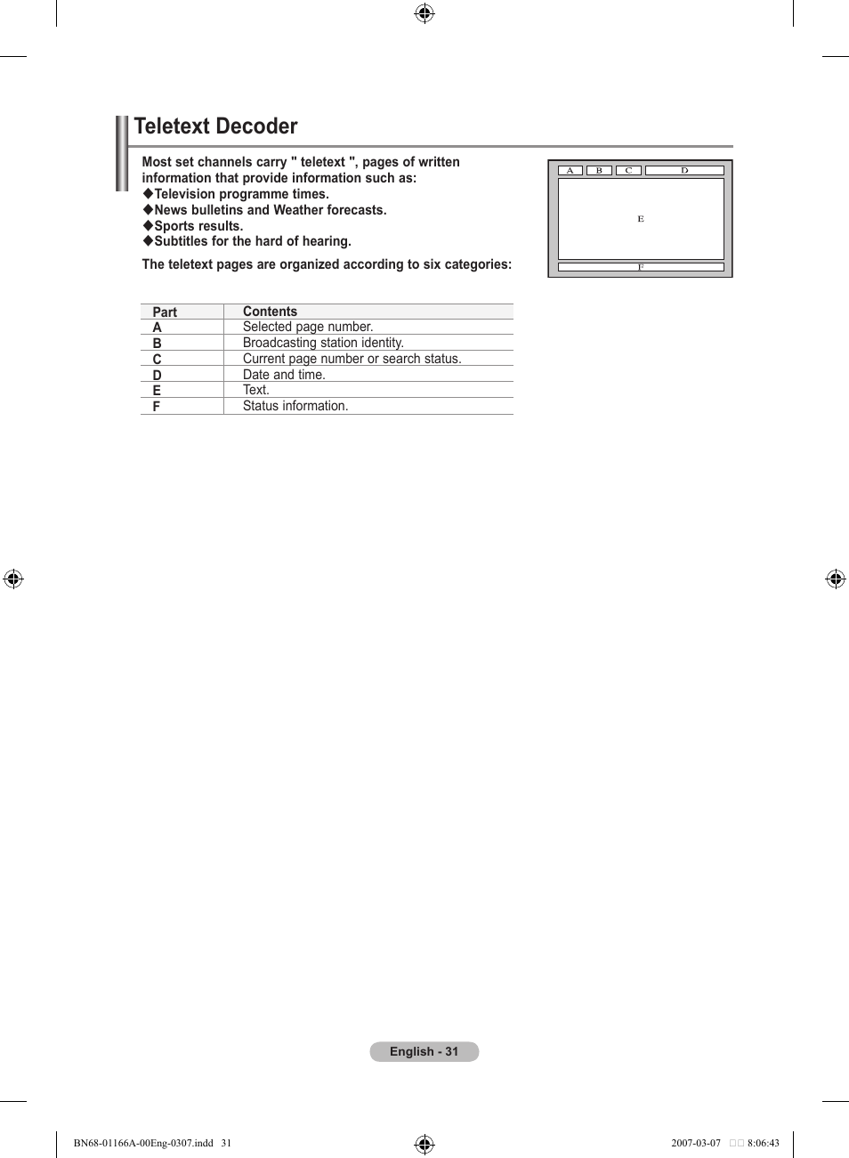 Using the teletext feature, Teletext decoder | Samsung LE32R8 User Manual | Page 33 / 559