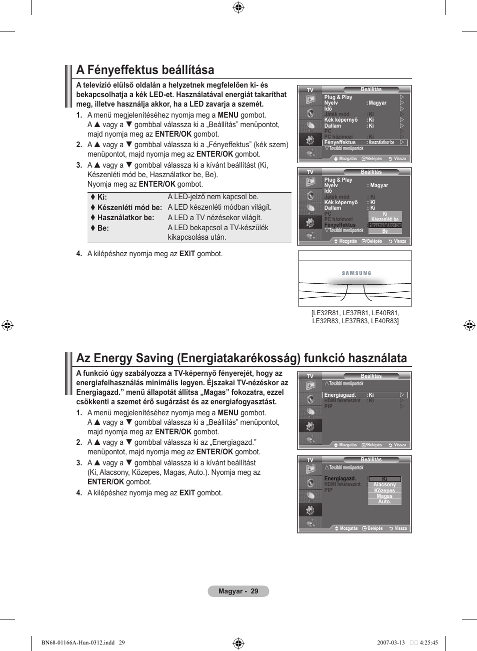 A fényeffektus beállítása | Samsung LE32R8 User Manual | Page 355 / 559