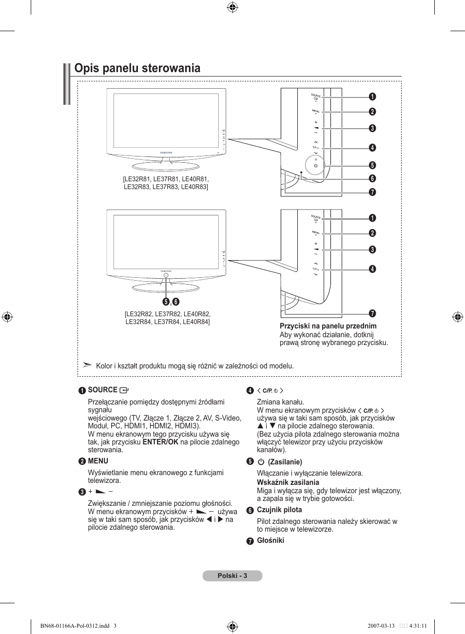 Opis panelu sterowania | Samsung LE32R8 User Manual | Page 375 / 559