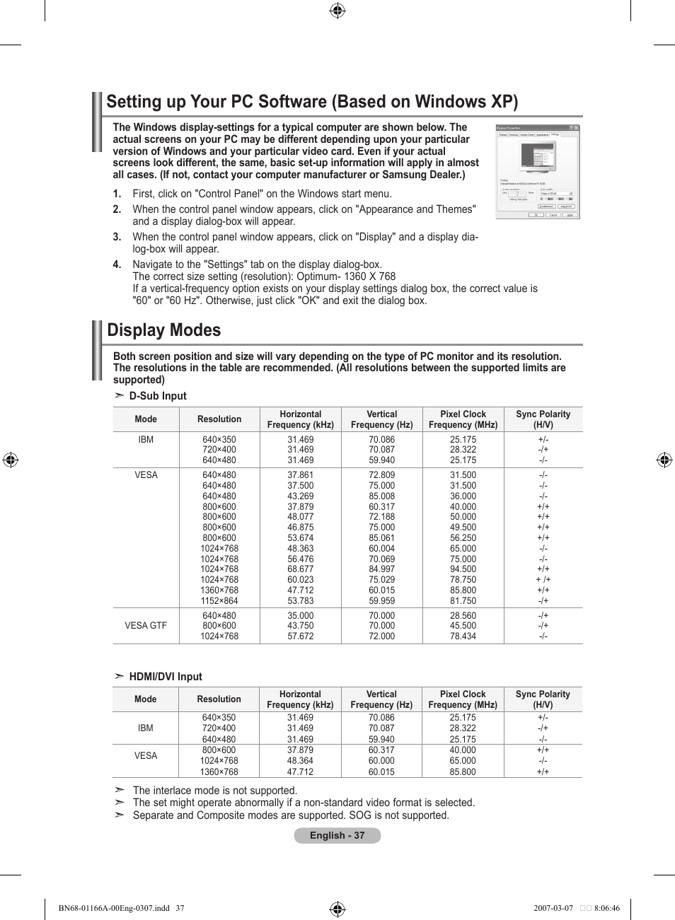 Setting the pc, Setting up your pc software (based on windows xp), Display modes | Samsung LE32R8 User Manual | Page 39 / 559