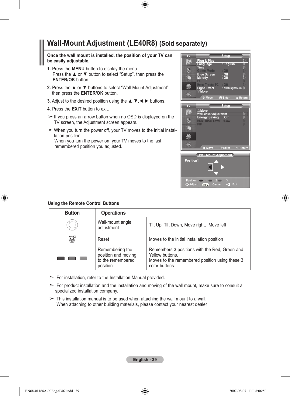 Wall-mount adjustment (le40r8) (sold separately), Wall-mount adjustment (le0r), Sold separately) | Button operations | Samsung LE32R8 User Manual | Page 41 / 559