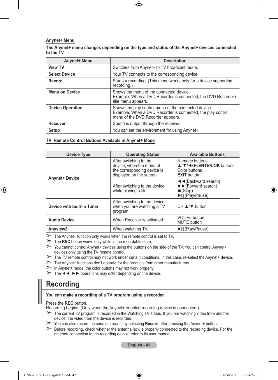 Recording | Samsung LE32R8 User Manual | Page 44 / 559