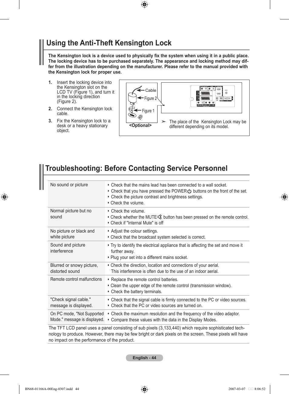 Recommendations for use, Using the anti-theft kensington lock | Samsung LE32R8 User Manual | Page 46 / 559