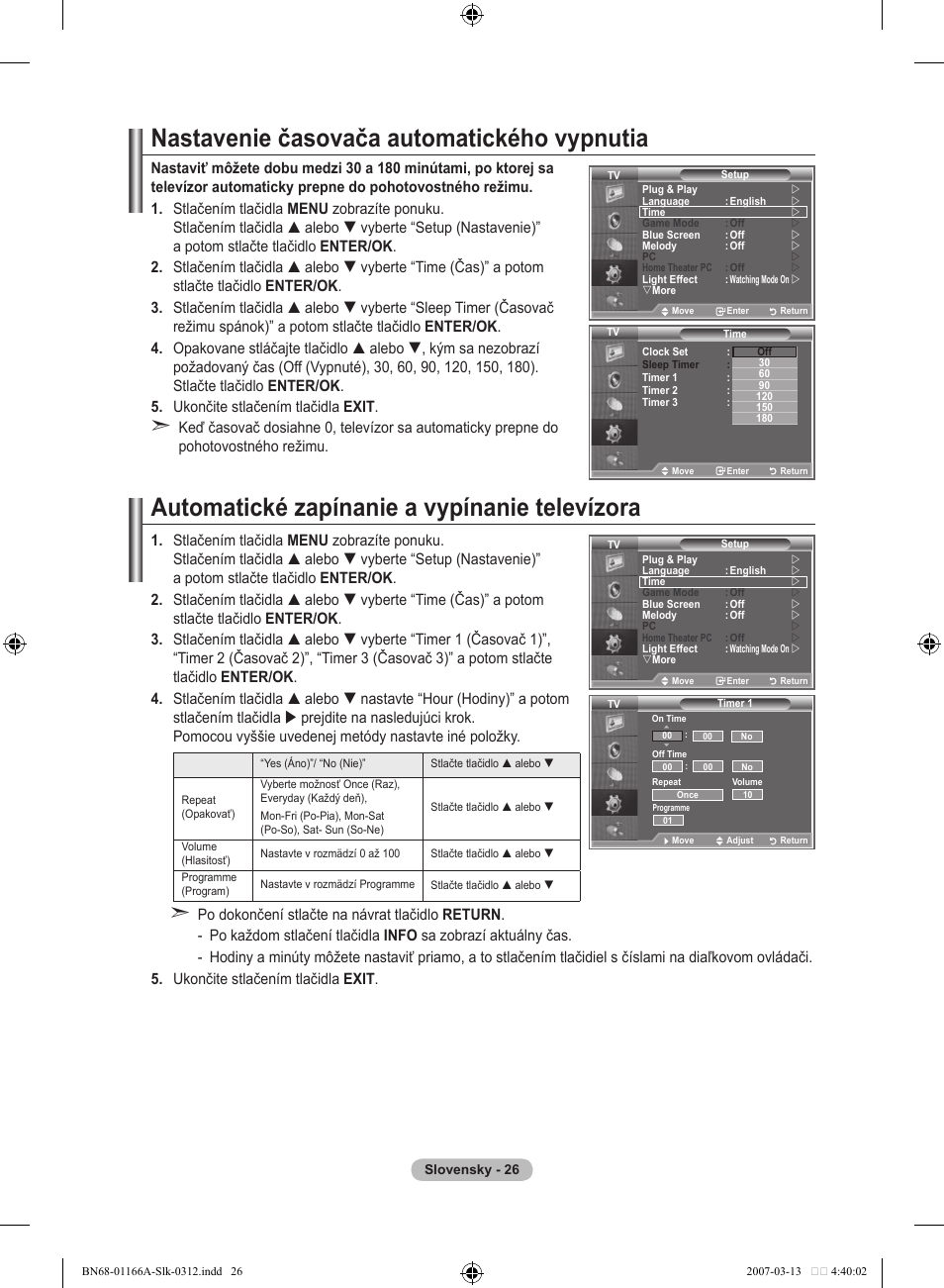 Nastavenie časovača automatického vypnutia, Automatické zapínanie a vypínanie televízora | Samsung LE32R8 User Manual | Page 490 / 559