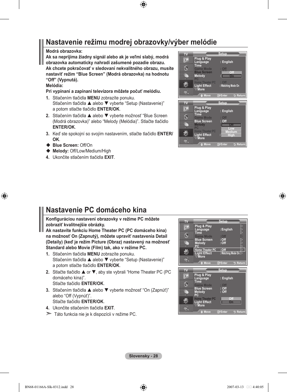 Nastavenie režimu modrej obrazovky/výber melódie, Nastavenie pc domáceho kina | Samsung LE32R8 User Manual | Page 492 / 559