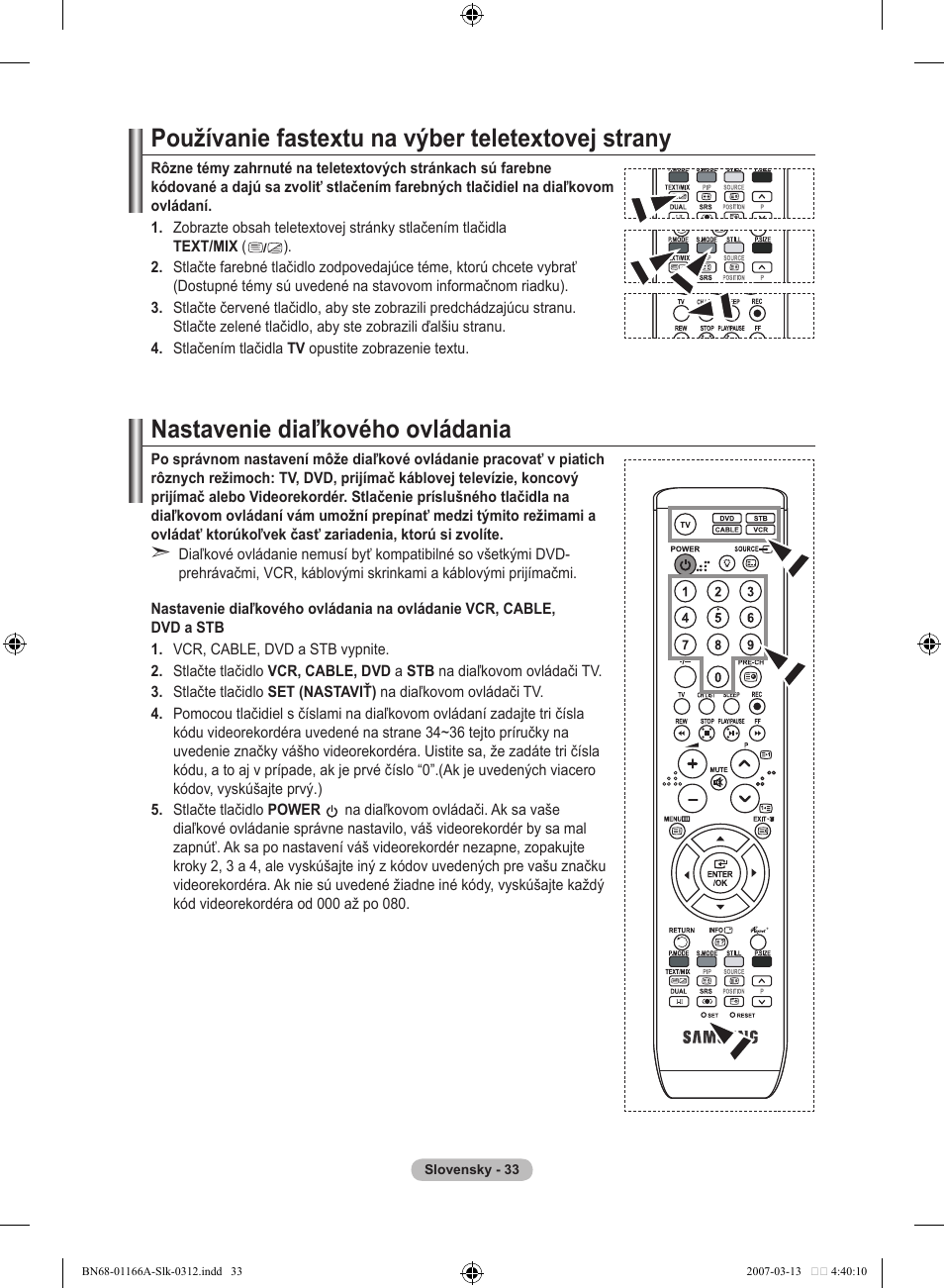 Používanie fastextu na výber teletextovej strany, Nastavenie diaľkového ovládania | Samsung LE32R8 User Manual | Page 497 / 559