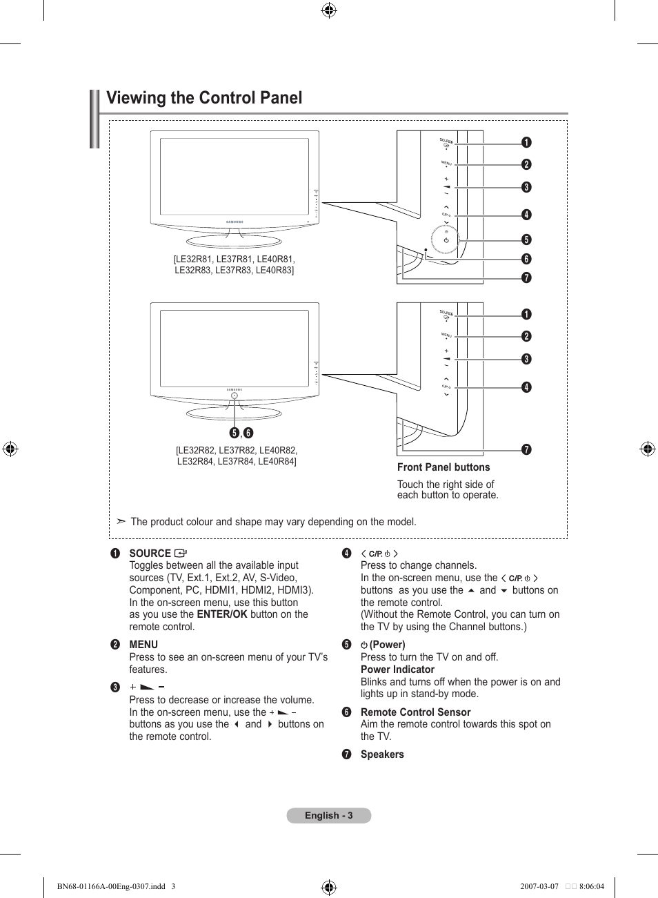 Viewing the control panel | Samsung LE32R8 User Manual | Page 5 / 559