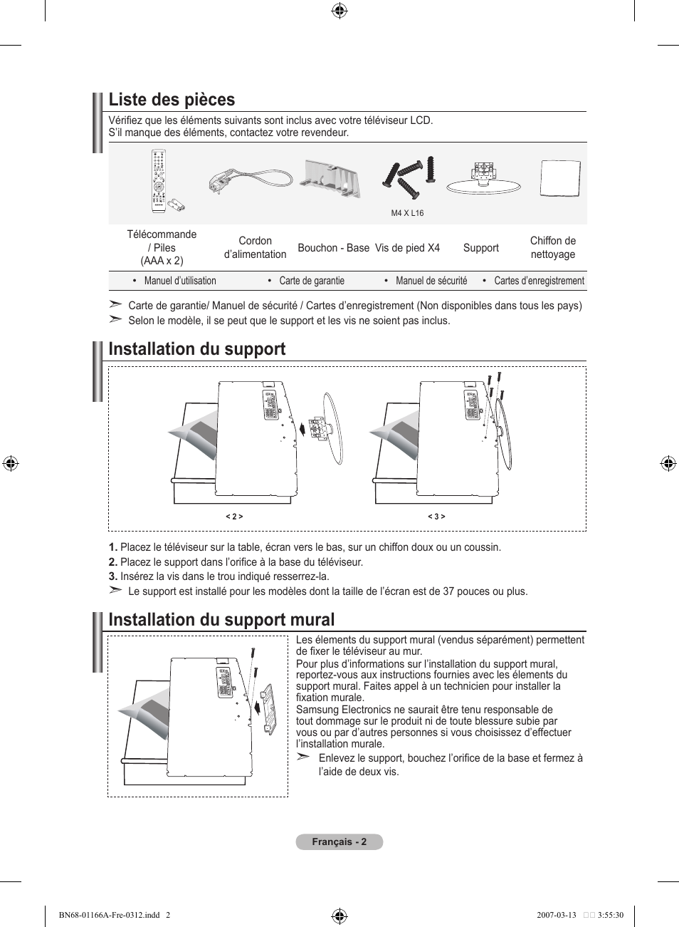 Liste des pièces, Installation du support, Installation du support mural | Samsung LE32R8 User Manual | Page 50 / 559