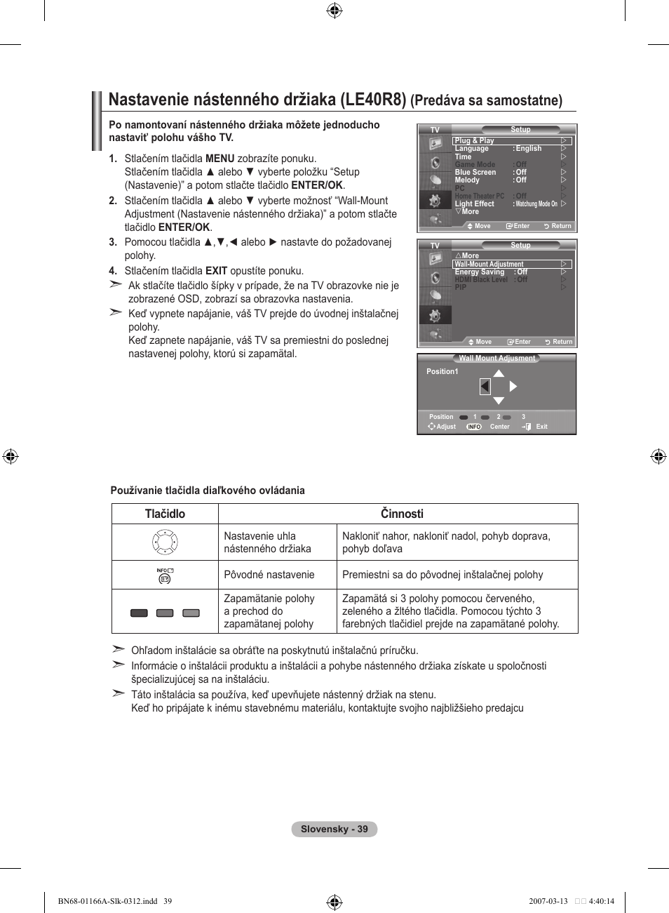 Nastavenie nástenného držiaka (le0r), Predáva sa samostatne), Tlačidlo činnosti | Samsung LE32R8 User Manual | Page 503 / 559