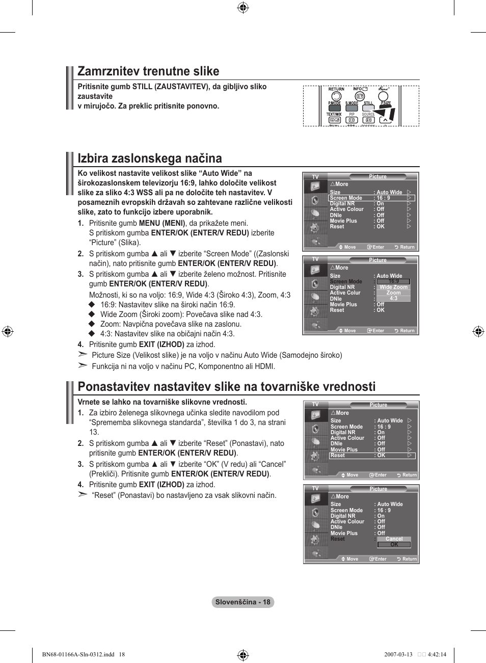 Zamrznitev trenutne slike, Izbira zaslonskega načina | Samsung LE32R8 User Manual | Page 528 / 559