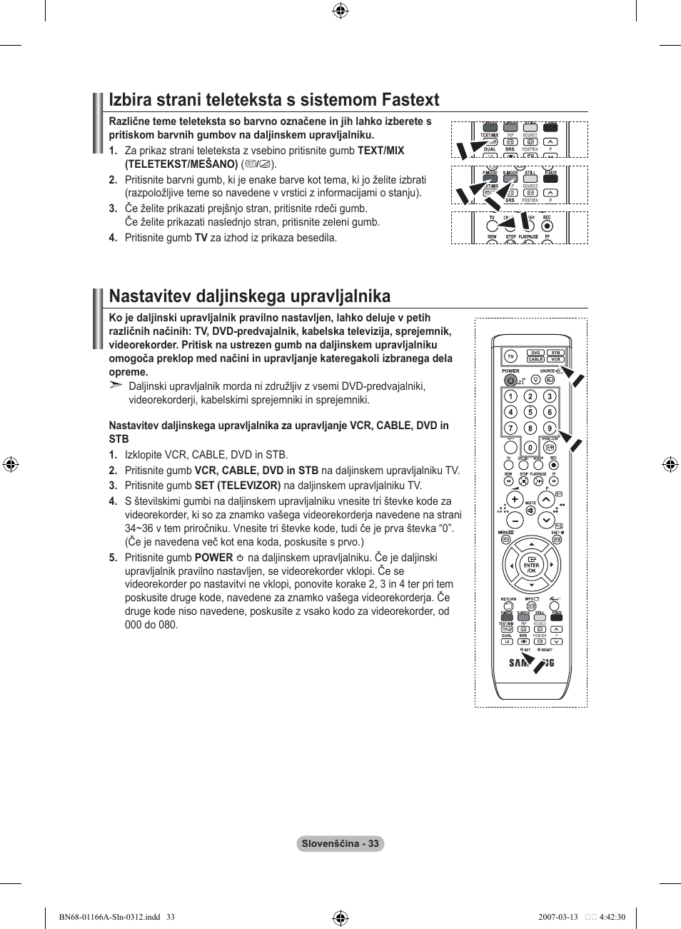 Izbira strani teleteksta s sistemom fastext, Nastavitev daljinskega upravljalnika | Samsung LE32R8 User Manual | Page 543 / 559