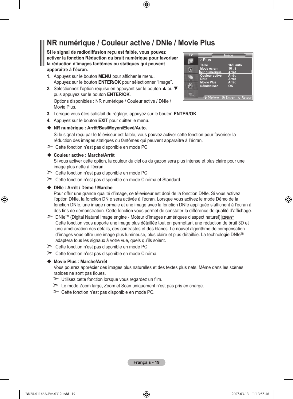 Nr numérique / couleur active / dnie / movie plus | Samsung LE32R8 User Manual | Page 67 / 559