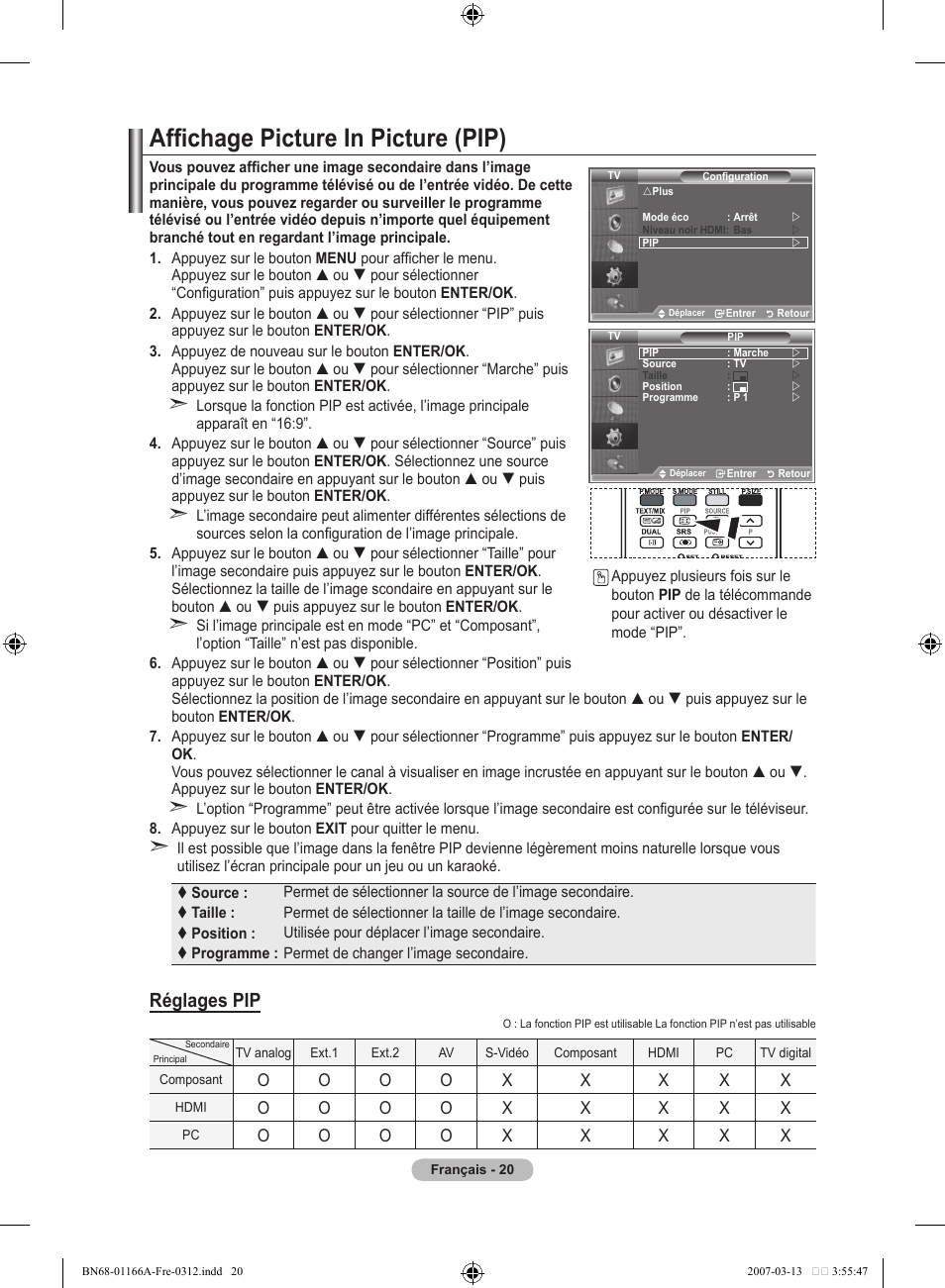 Affichage picture in picture (pip), Réglages pip | Samsung LE32R8 User Manual | Page 68 / 559