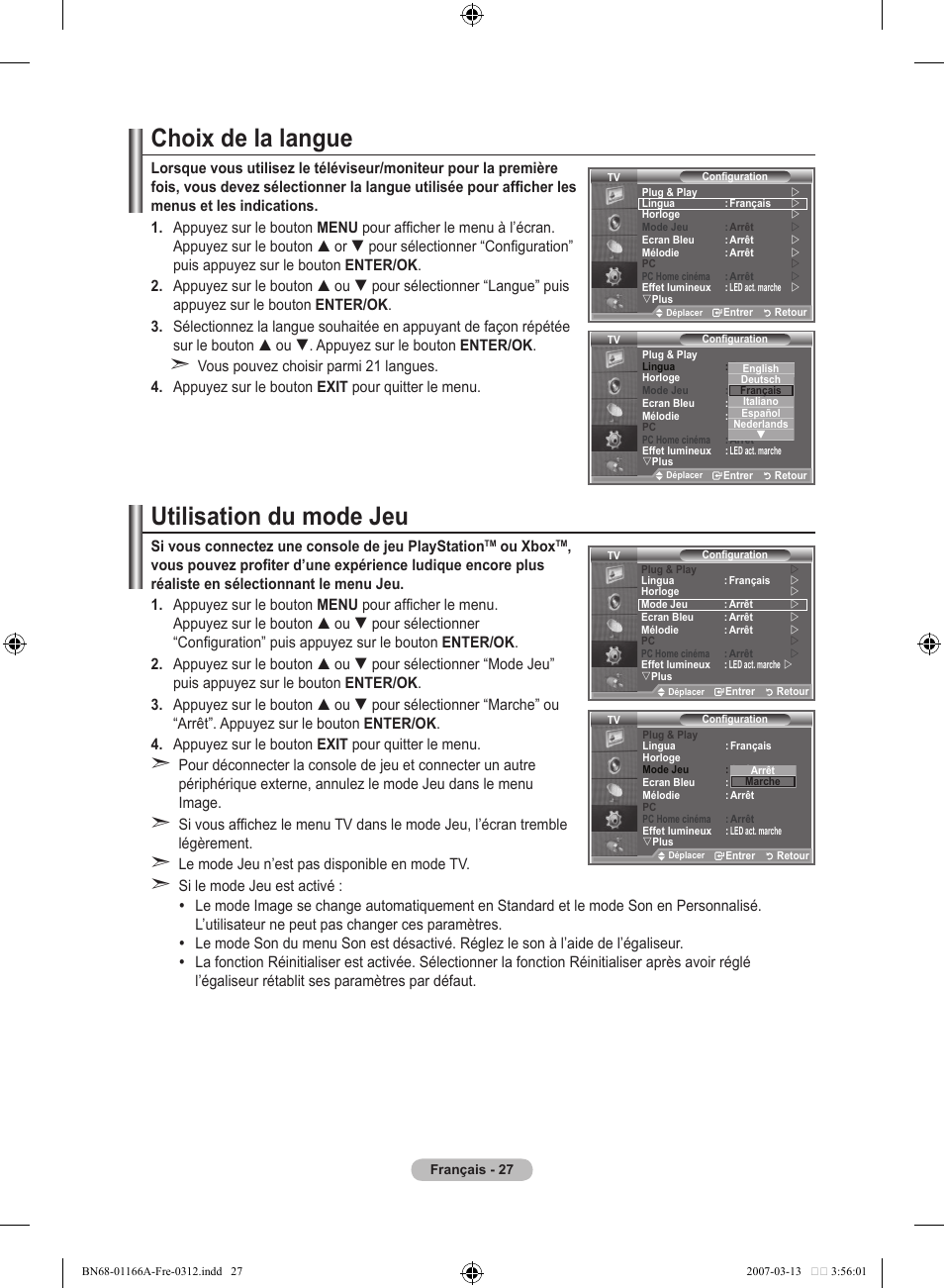 Choix de la langue, Utilisation du mode jeu | Samsung LE32R8 User Manual | Page 75 / 559