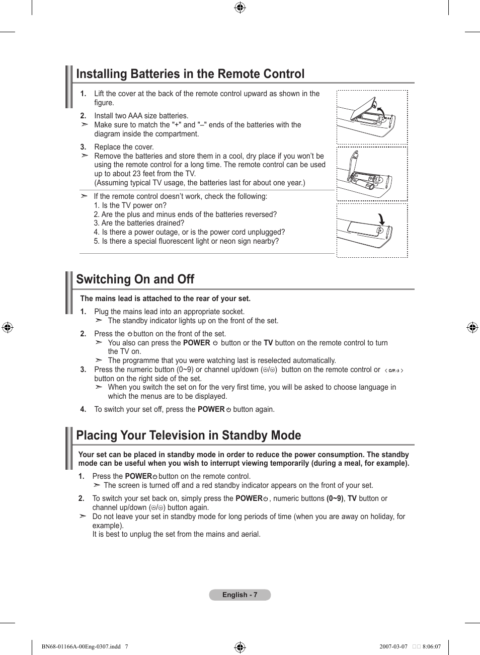 Installing batteries in the remote control, Switching on and off, Placing your television in standby mode | Samsung LE32R8 User Manual | Page 9 / 559