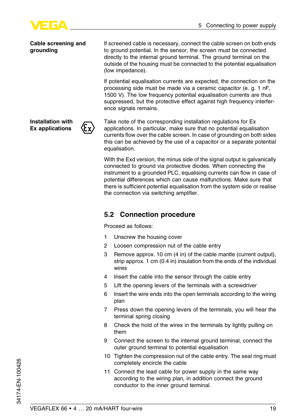 2 connection procedure | VEGA VEGAFLEX 66 (-200…+400°C) 4 … 20 mA_HART four-wire User Manual | Page 19 / 60