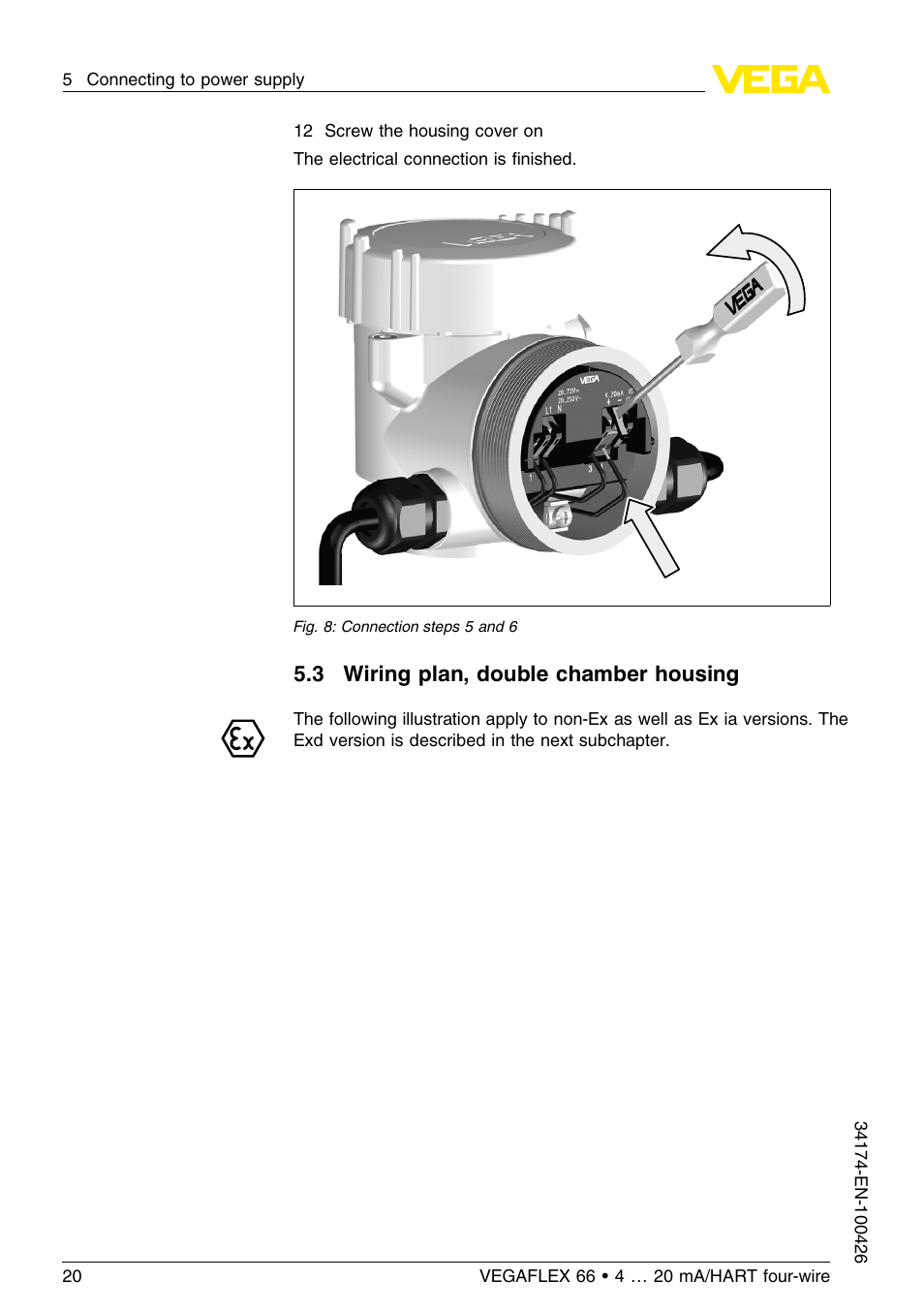 3 wiring plan, double chamber housing | VEGA VEGAFLEX 66 (-200…+400°C) 4 … 20 mA_HART four-wire User Manual | Page 20 / 60