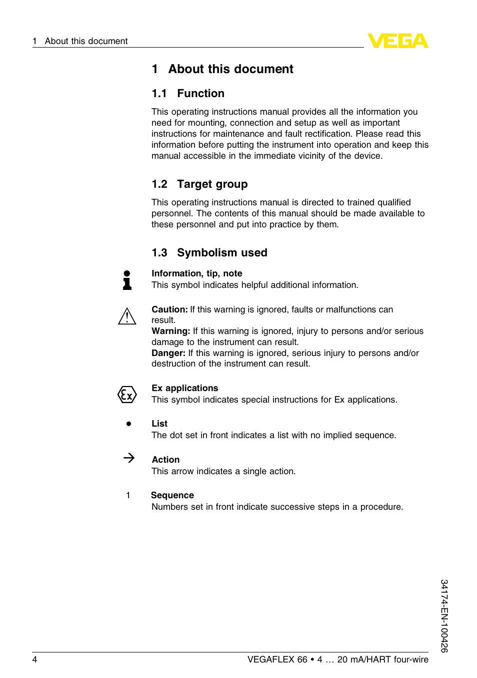 1 about this document, 1 function, 2 target group | 3 symbolism used, 1about this document | VEGA VEGAFLEX 66 (-200…+400°C) 4 … 20 mA_HART four-wire User Manual | Page 4 / 60