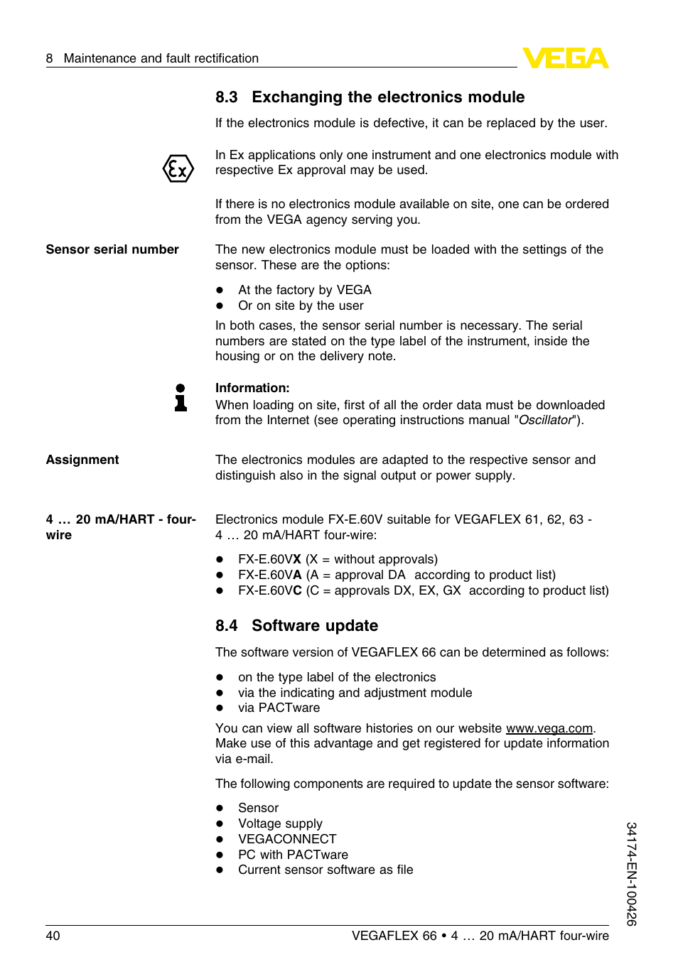 3 exchanging the electronics module, 4 software update | VEGA VEGAFLEX 66 (-200…+400°C) 4 … 20 mA_HART four-wire User Manual | Page 40 / 60