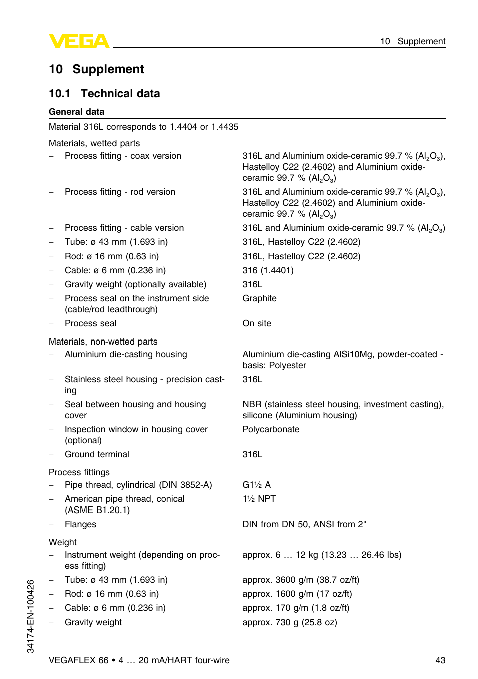 10 supplement, 1 technical data, 10 .1 technical data | VEGA VEGAFLEX 66 (-200…+400°C) 4 … 20 mA_HART four-wire User Manual | Page 43 / 60