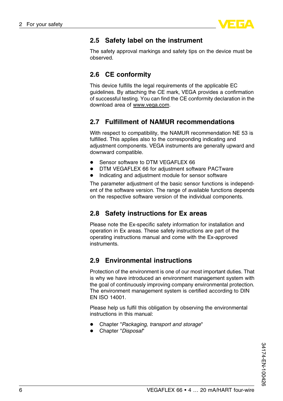 5 safety label on the instrument, 6 ce conformity, 7 fulfillment of namur recommendations | 8 safety instructions for ex areas, 9 environmental instructions, 7 fulﬁllment of namur recommendations | VEGA VEGAFLEX 66 (-200…+400°C) 4 … 20 mA_HART four-wire User Manual | Page 6 / 60