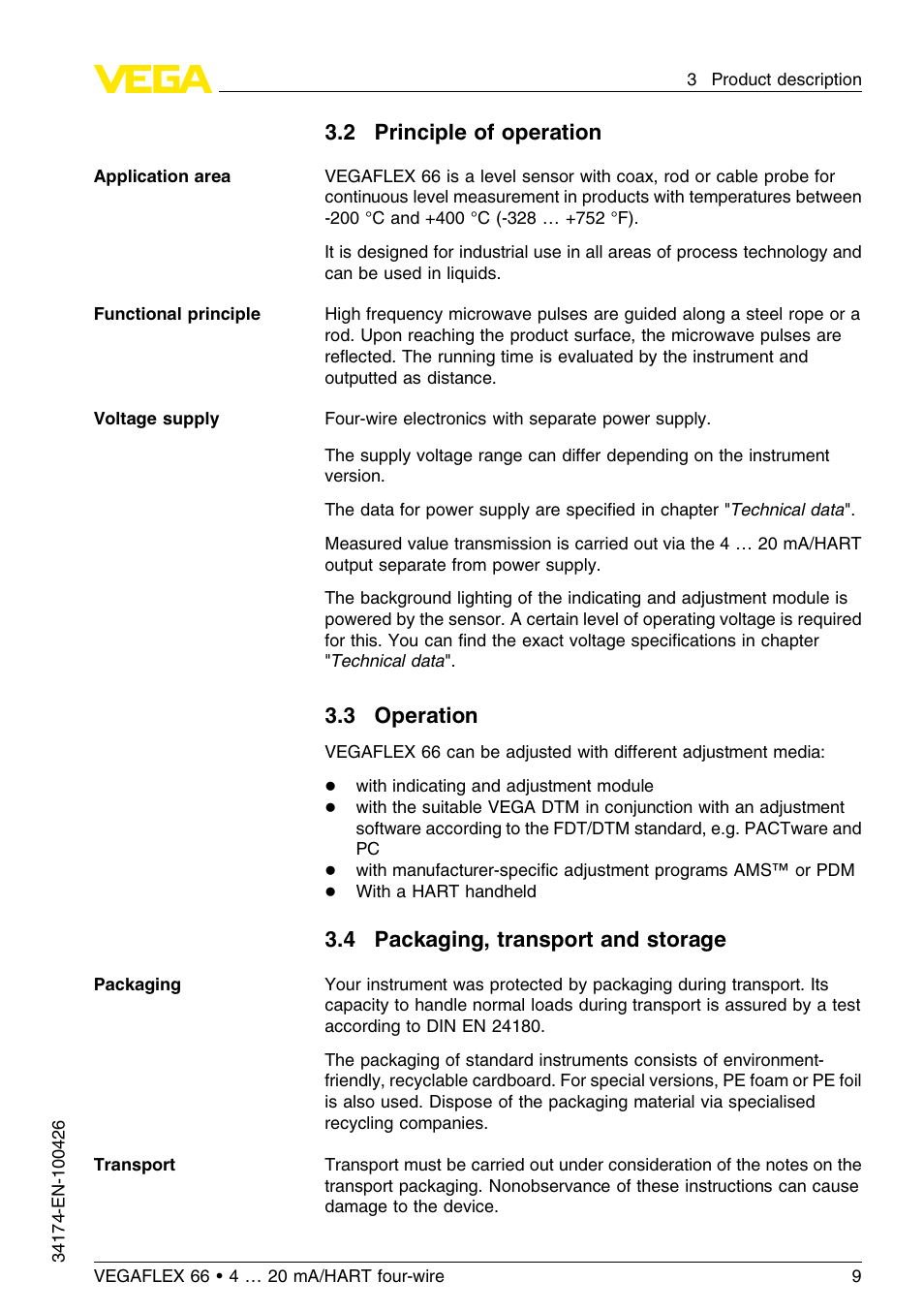 2 principle of operation, 3 operation, 4 packaging, transport and storage | VEGA VEGAFLEX 66 (-200…+400°C) 4 … 20 mA_HART four-wire User Manual | Page 9 / 60