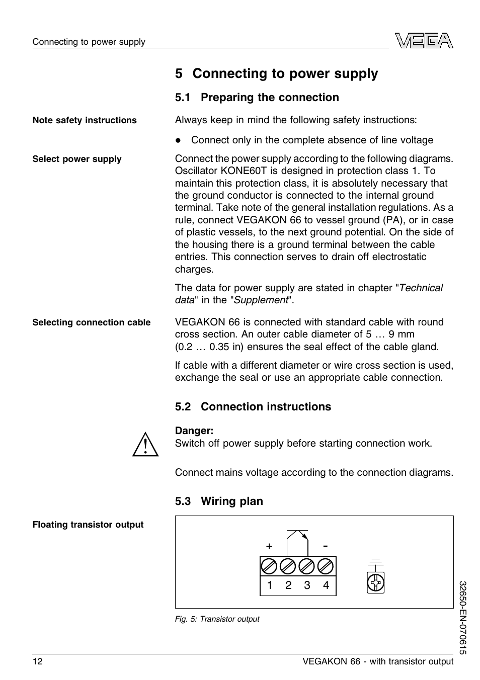 5 connecting to power supply, 1 preparing the connection, 2 connection instructions | 3 wiring plan, 5 c onnecting to power supply | VEGA VEGAKON 66 with transistor output User Manual | Page 12 / 28