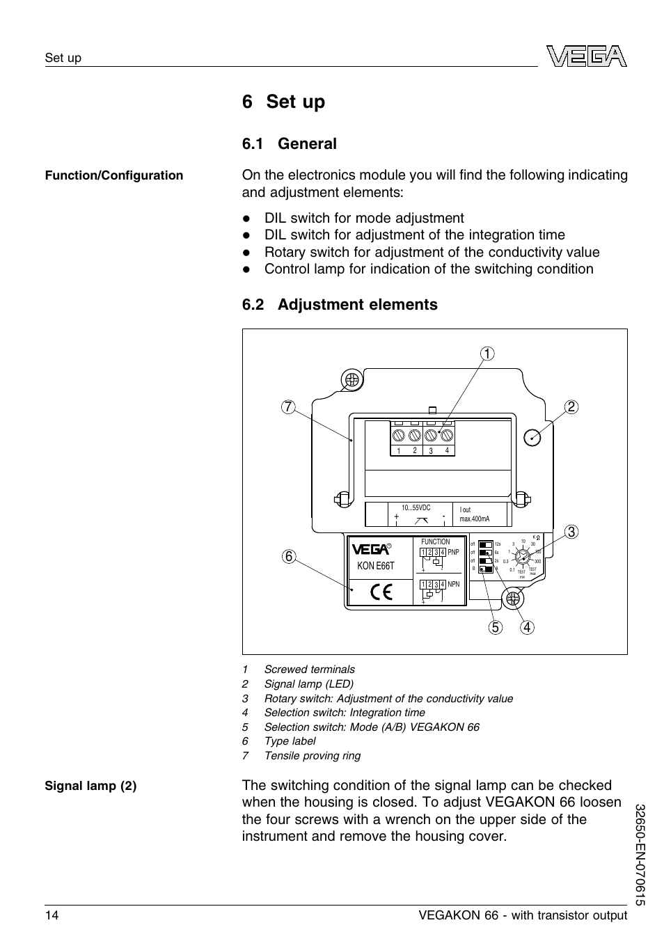 6 set up, 1 general, 2 adjustment elements | 6 s et up, Dil switch for mode adjustment, Dil switch for adjustment of the integration time | VEGA VEGAKON 66 with transistor output User Manual | Page 14 / 28