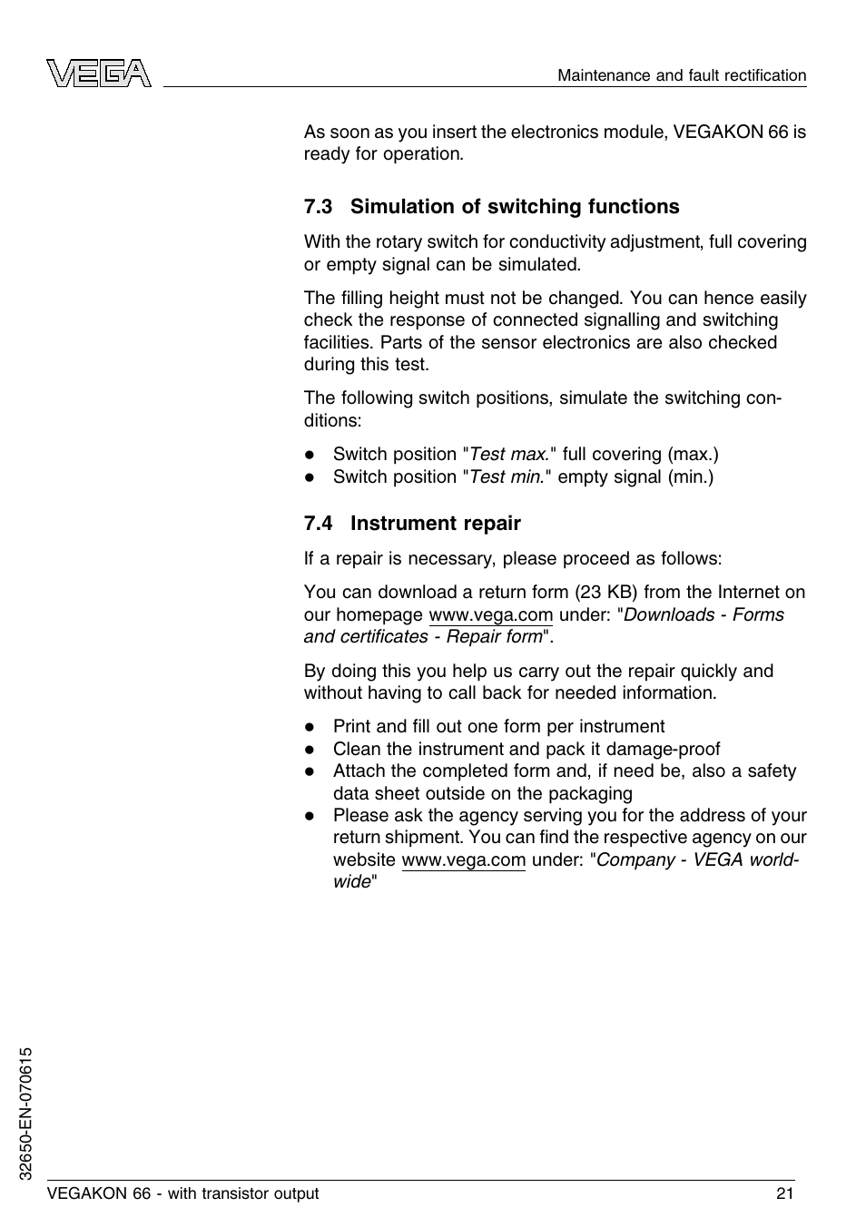 3 simulation of switching functions, 4 instrument repair | VEGA VEGAKON 66 with transistor output User Manual | Page 21 / 28