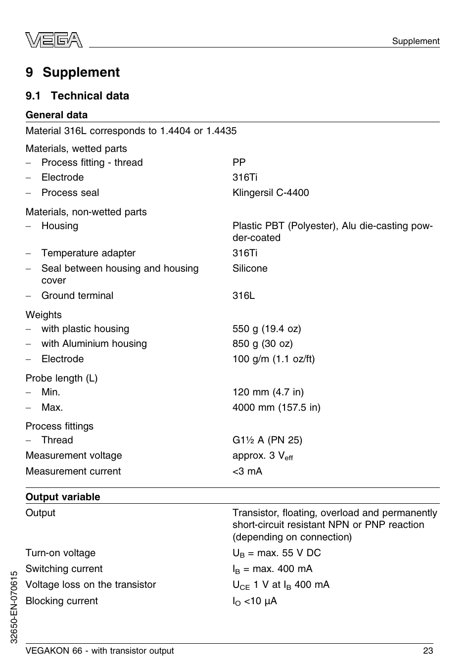 9 supplement, 1 technical data, 9 s upplement | VEGA VEGAKON 66 with transistor output User Manual | Page 23 / 28