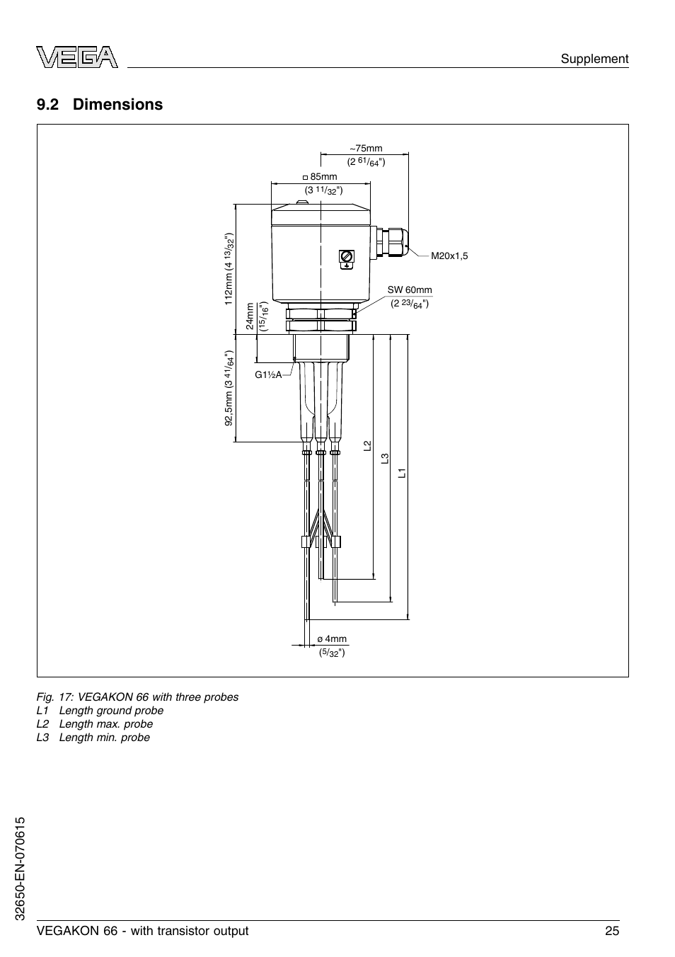 2 dimensions | VEGA VEGAKON 66 with transistor output User Manual | Page 25 / 28