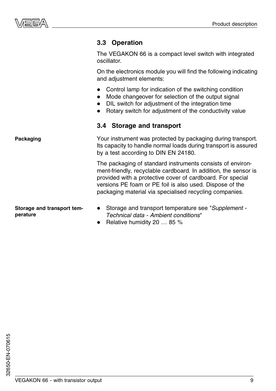 3 operation, 4 storage and transport | VEGA VEGAKON 66 with transistor output User Manual | Page 9 / 28