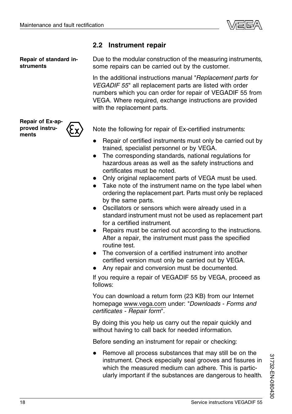 2 instrument repair | VEGA VEGADIF 55 Service instructions User Manual | Page 18 / 28