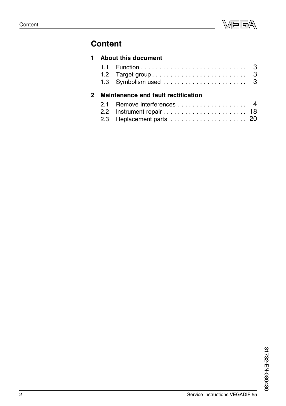 Content | VEGA VEGADIF 55 Service instructions User Manual | Page 2 / 28