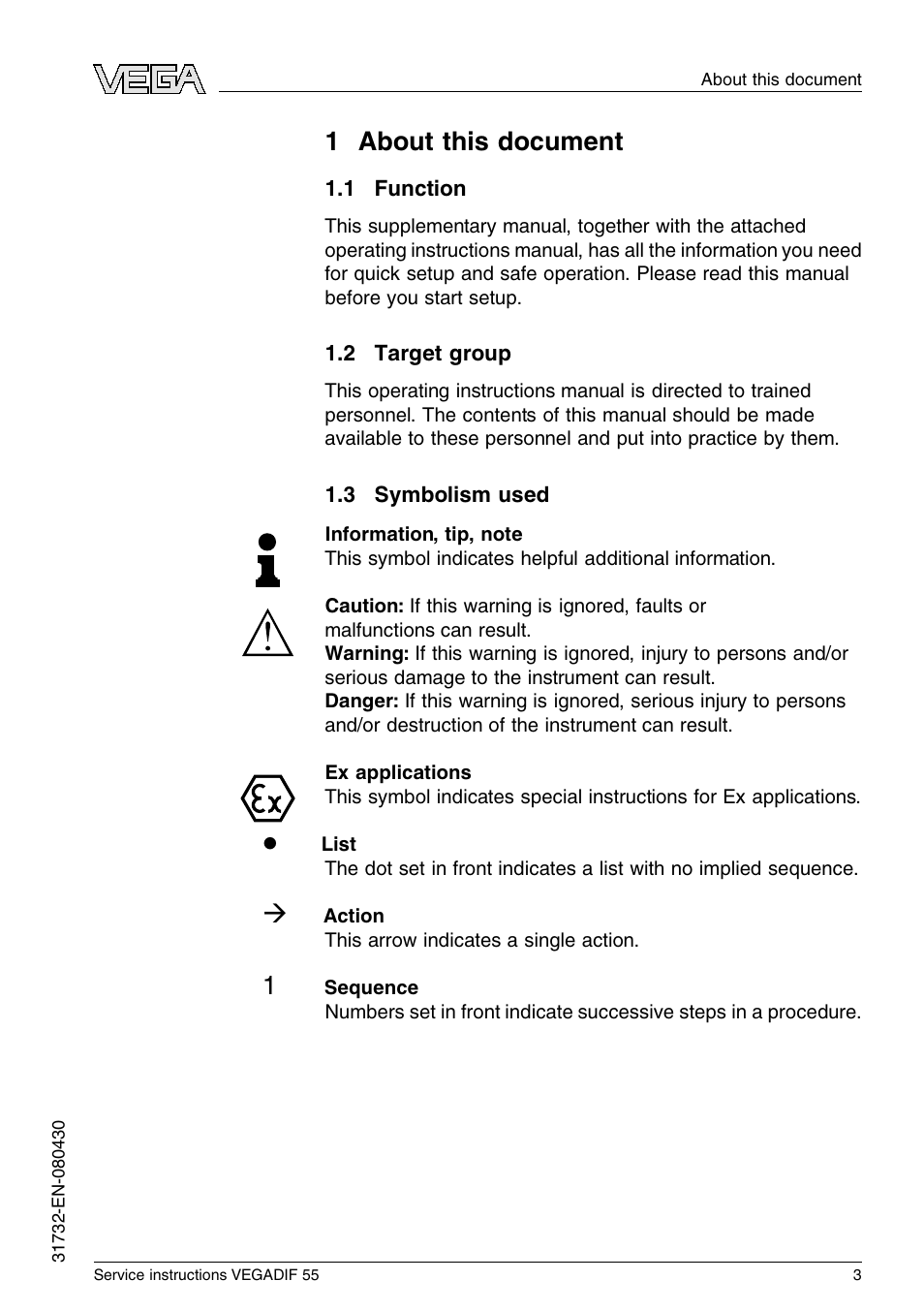 1 about this document, 1 function, 2 target group | 3 symbolism used, 1 a bout this document | VEGA VEGADIF 55 Service instructions User Manual | Page 3 / 28
