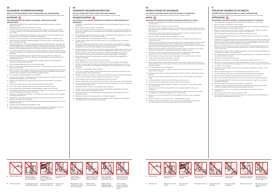 Es instrucciones de seguridad, Aviso, It istruzioni generali di sicurezza | Attenzione, De allgemeine sicherheitshinweise, Achtung, Nl algemene veiligheidsinstructies, Waarschuwing | DYSON DC 24 User Manual | Page 3 / 15