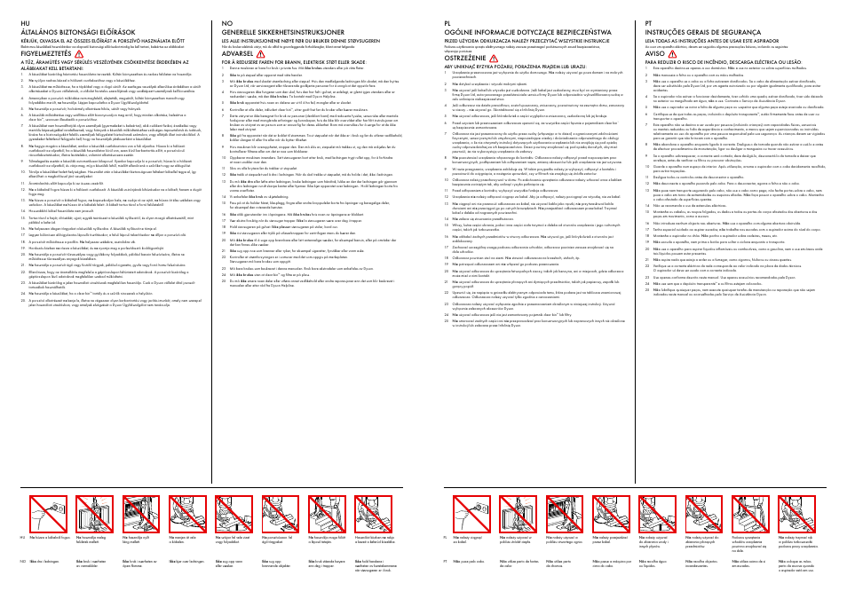 Pl ogólne informacje dotyczące bezpieczeństwa, Ostrzeżenie, Pt instruções gerais de segurança | Aviso, Hu általános biztonsági előírások, Figyelmeztetés, No generelle sikkerhetsinstruksjoner, Advarsel | DYSON DC 24 User Manual | Page 5 / 15