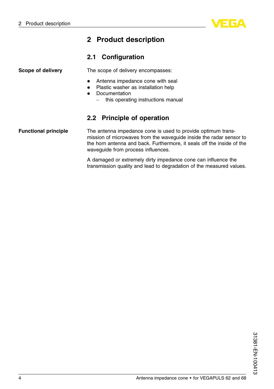 2 product description, 1 configuration, 2 principle of operation | 2product description | VEGA VEGAPULS 68 Antenna impedance cone User Manual | Page 4 / 12