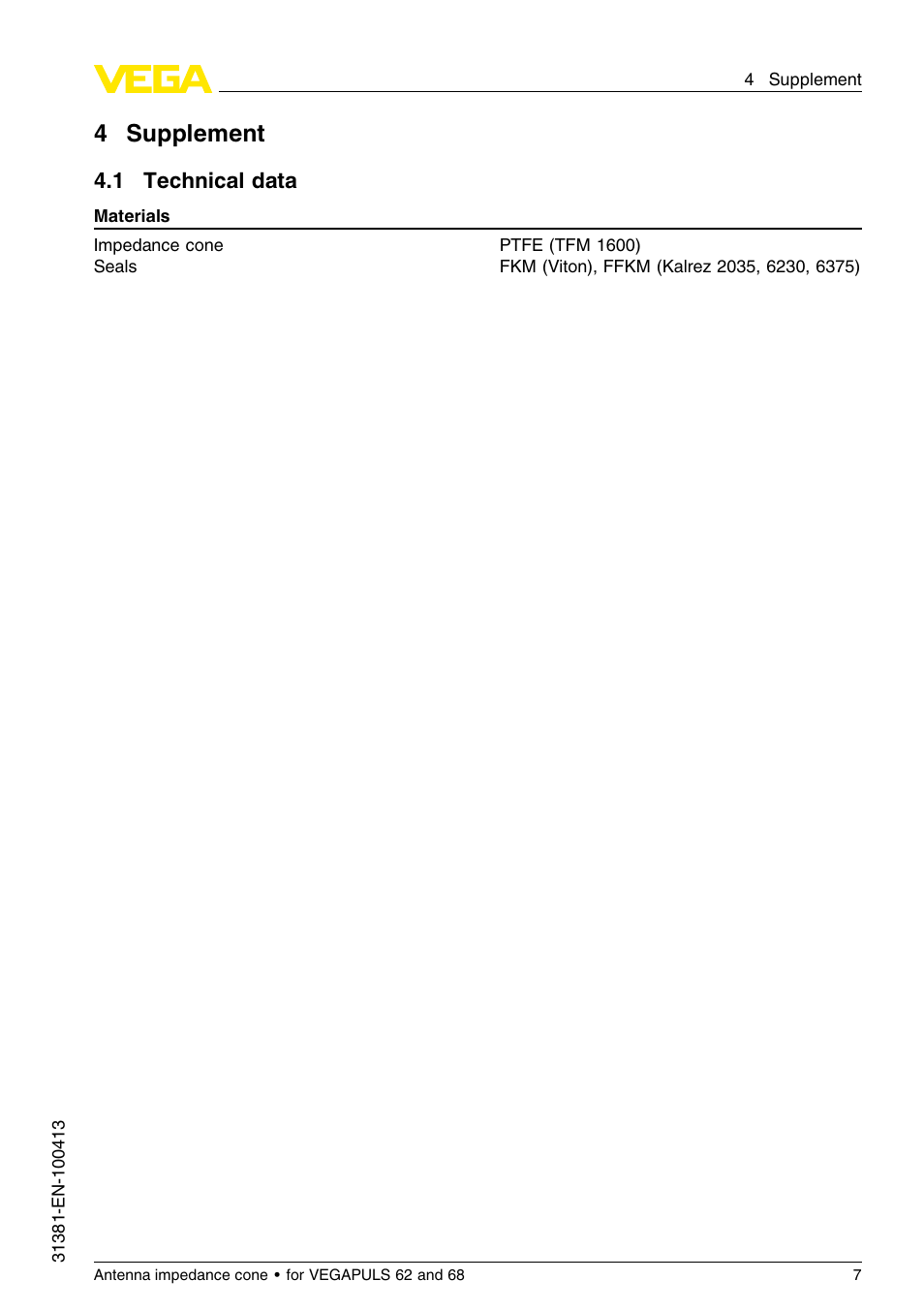 4 supplement, 1 technical data, 4supplement | VEGA VEGAPULS 68 Antenna impedance cone User Manual | Page 7 / 12