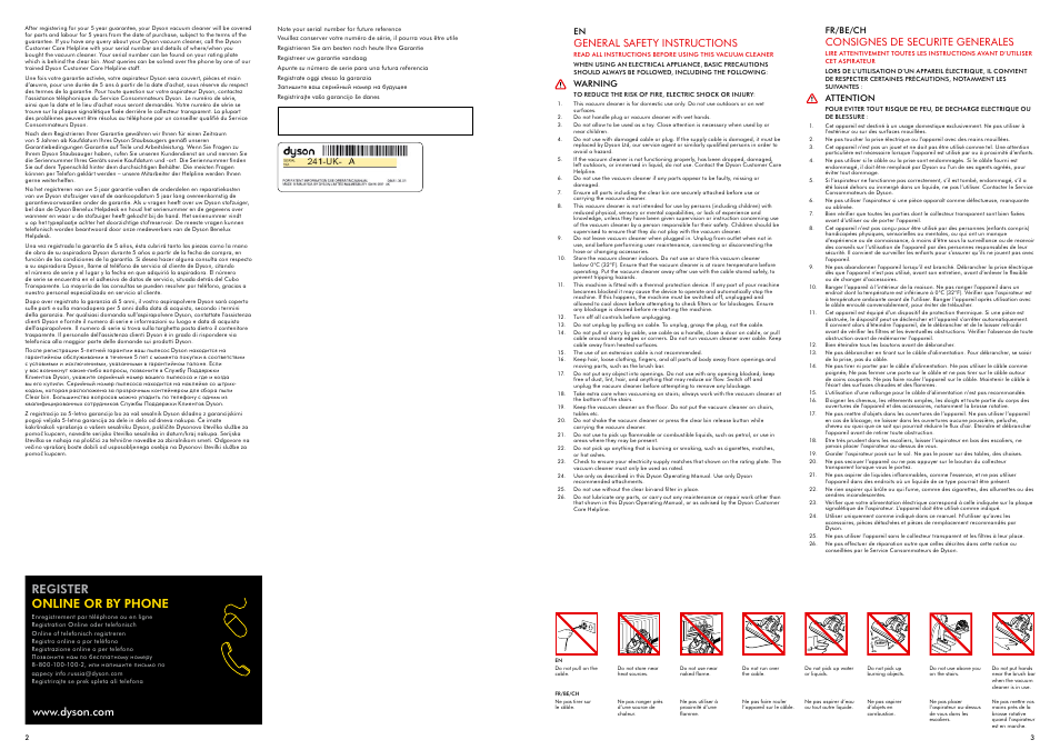 Register online or by phone, General safety instructions, Consignes de securite generales | DYSON DC 26 User Manual | Page 2 / 19
