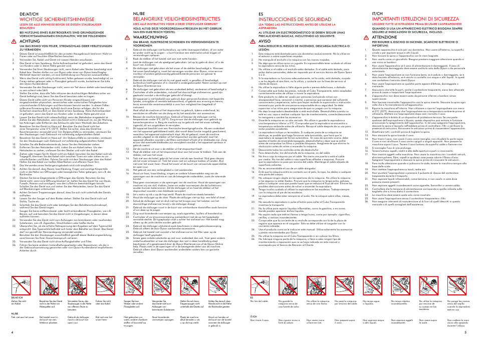 Importanti istruzioni di sicurezza, Instrucciones de seguridad, Belangrijke veiligheidsinstructies | Wichtige sicherheitshinweise | DYSON DC 26 User Manual | Page 3 / 19