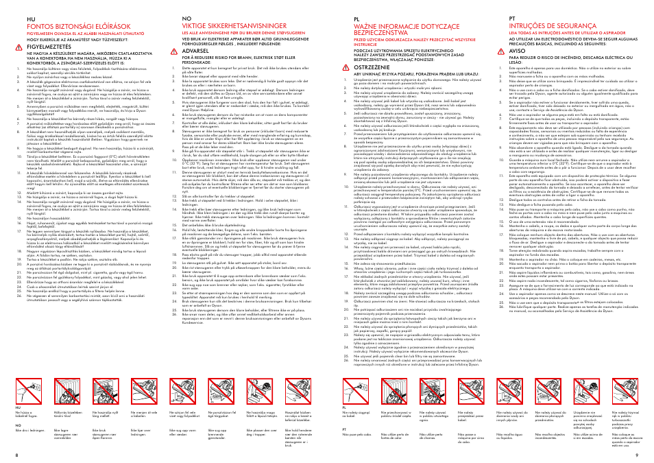 Intruções de segurança, Ważne informacje dotyczące bezpieczeństwa, Viktige sikkerhetsanvisninger | Fontos biztonsági előírások | DYSON DC 26 User Manual | Page 5 / 19