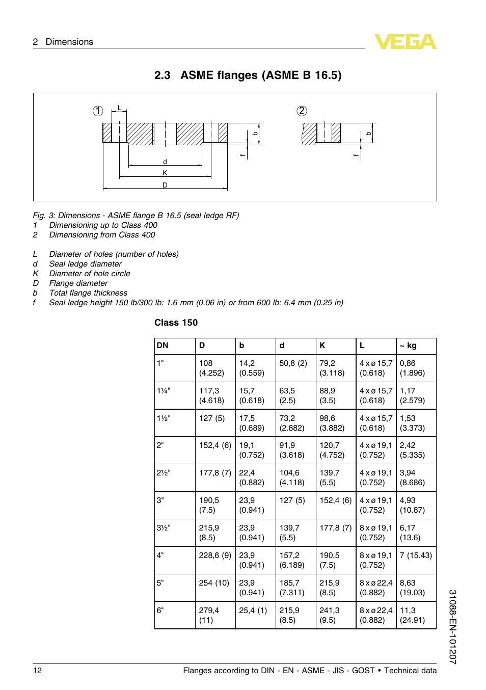 3 asme flanges (asmeb16.5), 3 asme ﬂanges (asme b 16.5) | VEGA Flanges according to DIN - EN - ASME - JIS - GOST User Manual | Page 12 / 28