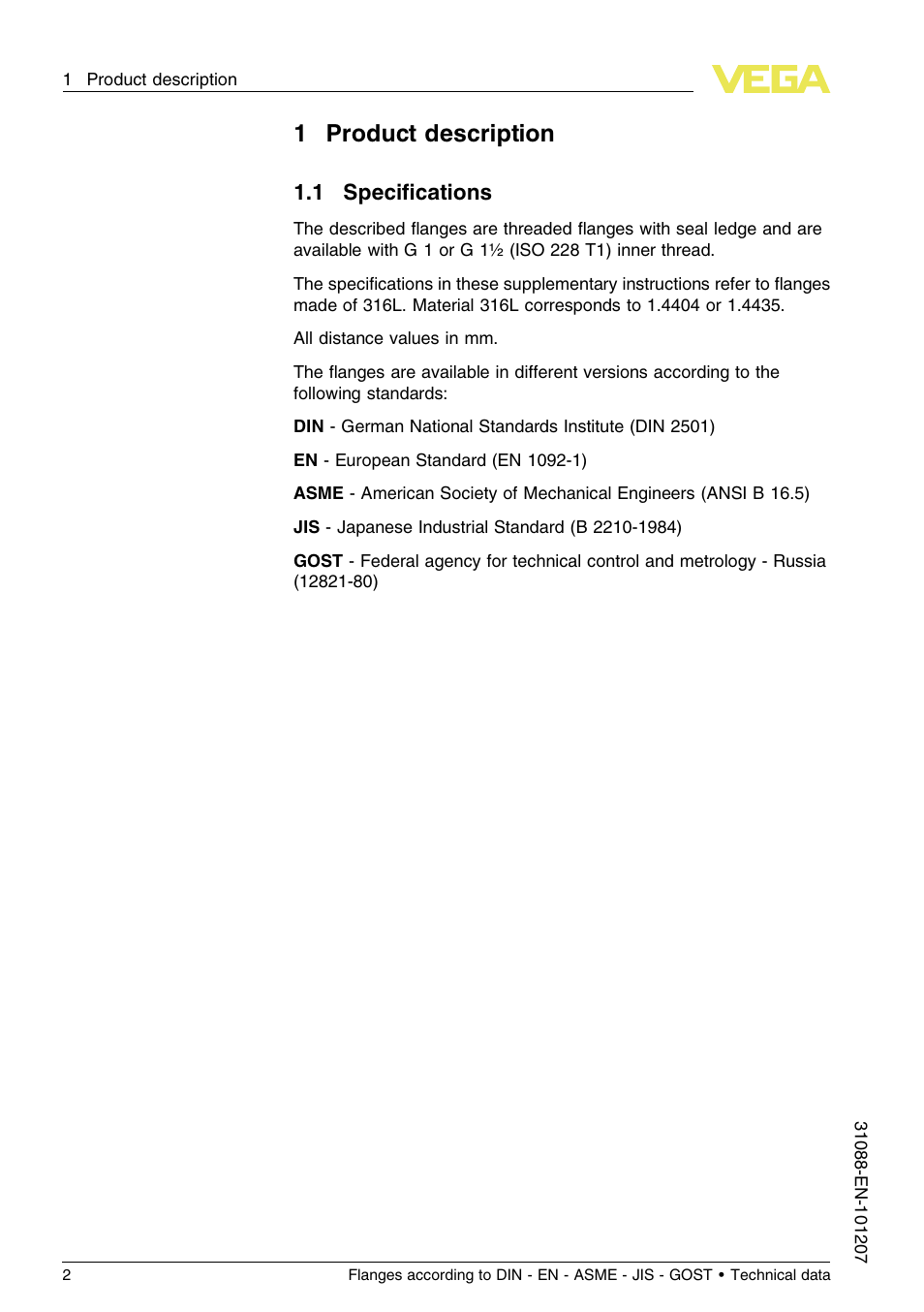 1 product description, 1 specifications, 1product description | VEGA Flanges according to DIN - EN - ASME - JIS - GOST User Manual | Page 2 / 28