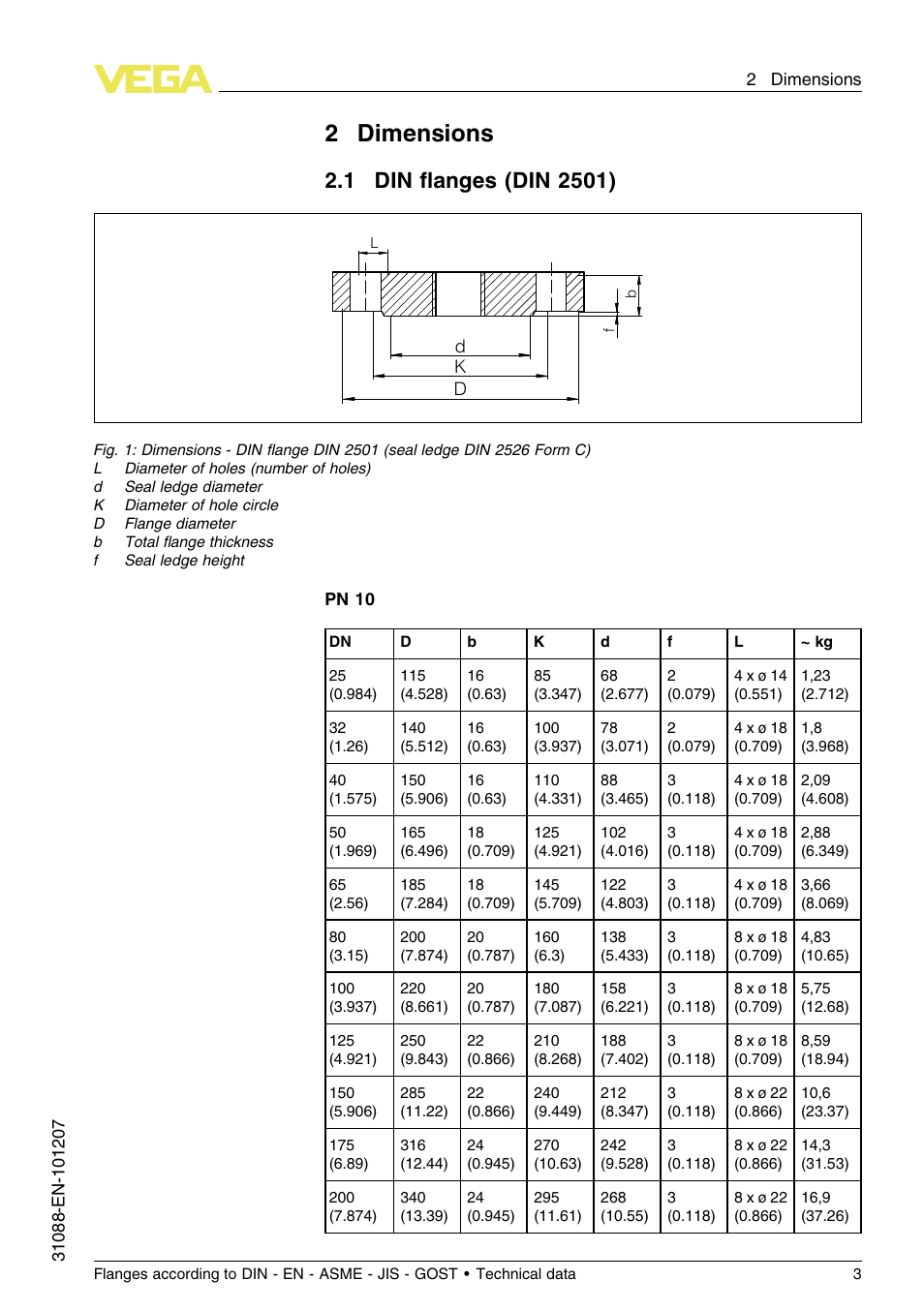 2 dimensions, 1 din flanges (din2501), 2dimensions | VEGA Flanges according to DIN - EN - ASME - JIS - GOST User Manual | Page 3 / 28