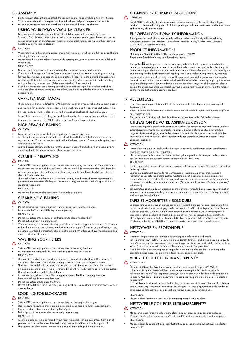 Gb assembly, Using your dyson vacuum cleaner, Carpets/hard floors | High-reach cleaning, Clear bin, Emptying, Cleaning, Washing your filters, Looking for blockages, Clearing brushbar obstructions | DYSON DC 25 User Manual | Page 16 / 32