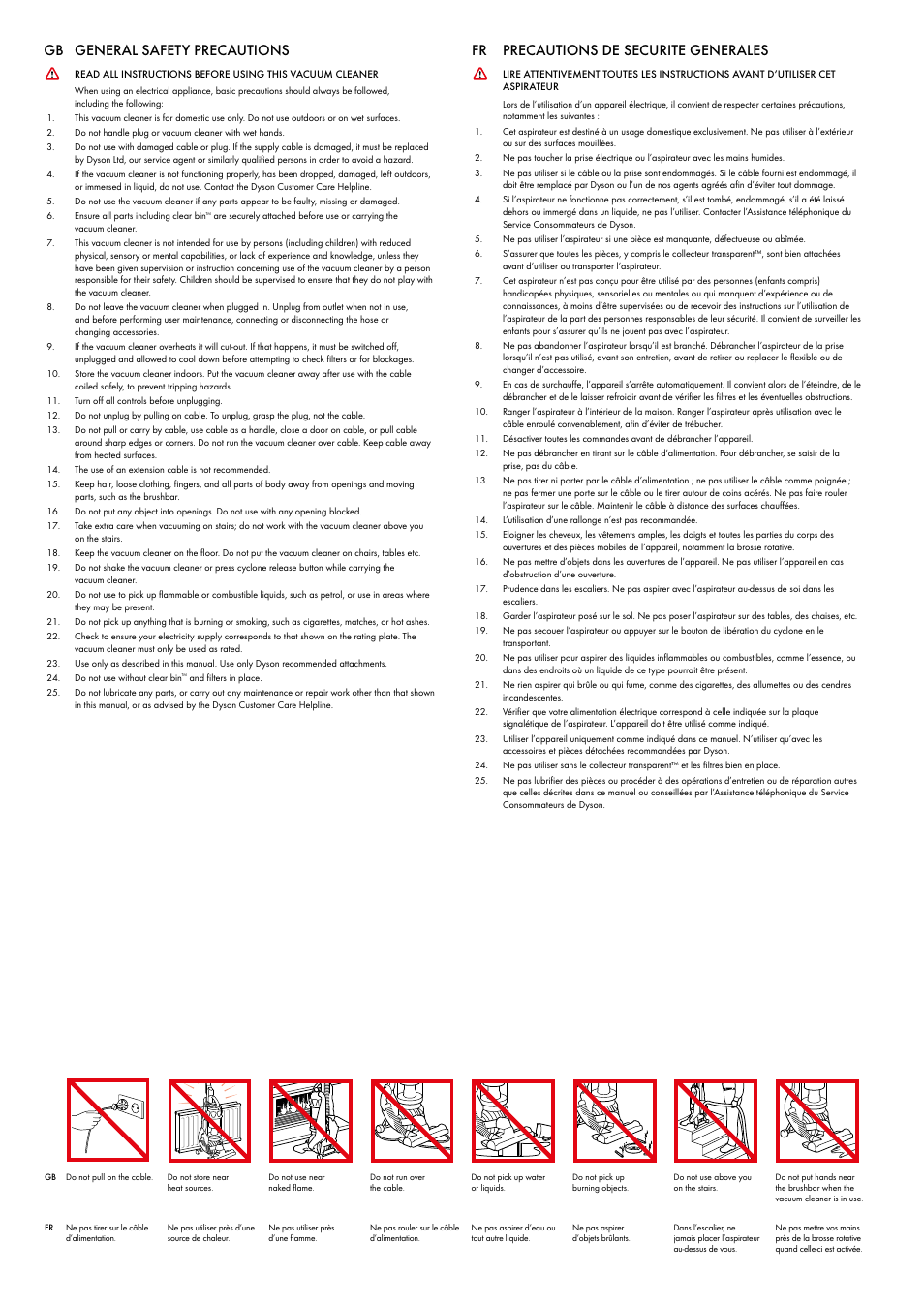 Gb general safety precautions, Fr precautions de securite generales | DYSON DC 25 User Manual | Page 3 / 32