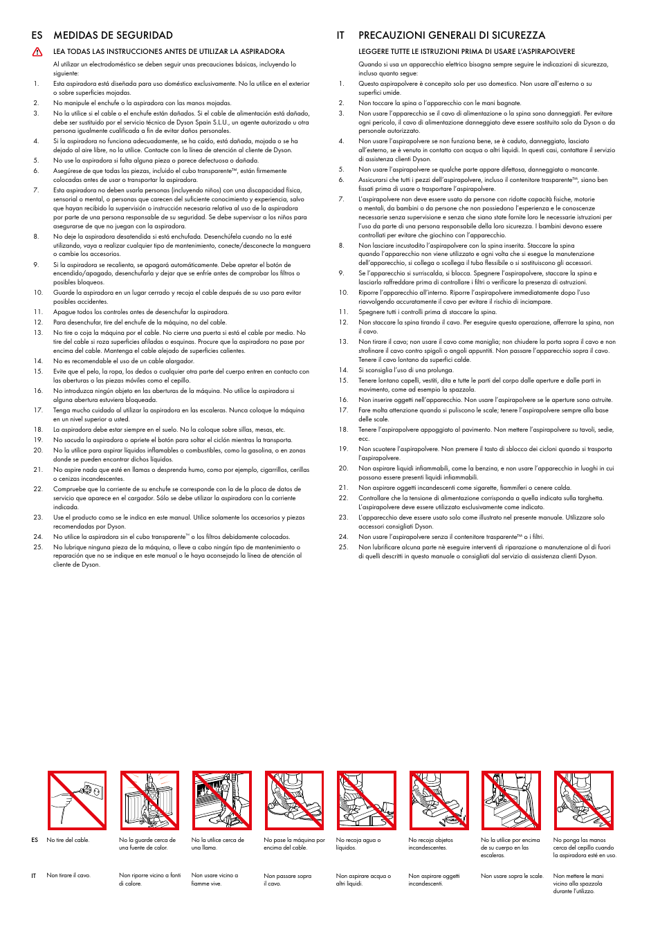 Es medidas de seguridad, It precauzioni generali di sicurezza | DYSON DC 25 User Manual | Page 5 / 32