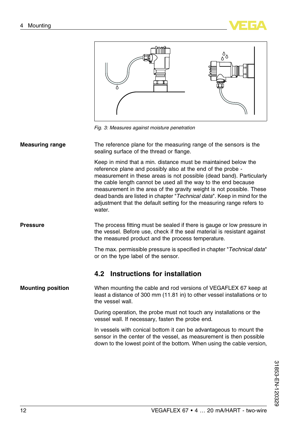 2 instructions for installation | VEGA VEGAFLEX 67 (-40…+150°C) 4 … 20 mA_HART two-wire User Manual | Page 12 / 64