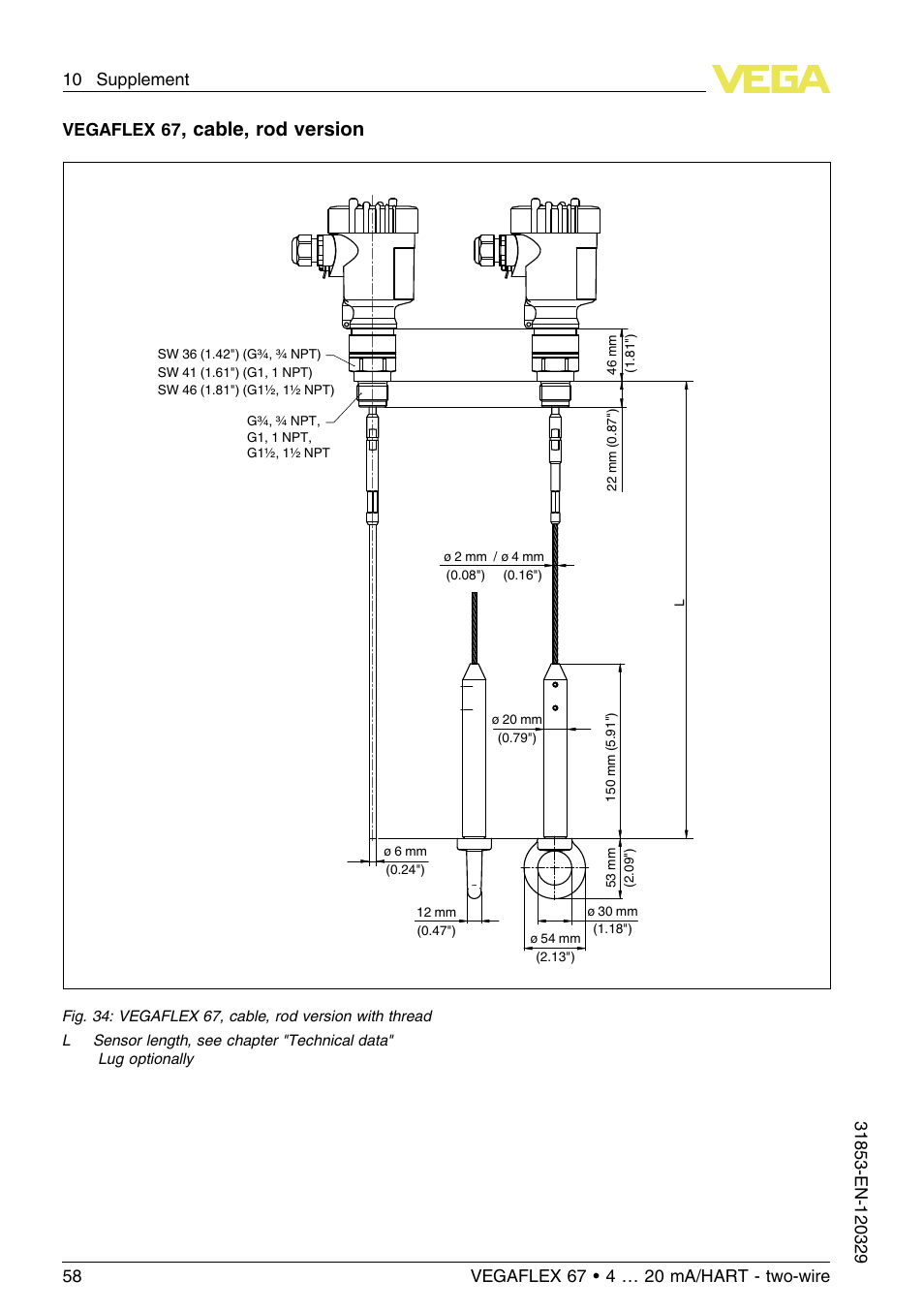 Cable, rod version, Vegaflex 67 | VEGA VEGAFLEX 67 (-40…+150°C) 4 … 20 mA_HART two-wire User Manual | Page 58 / 64